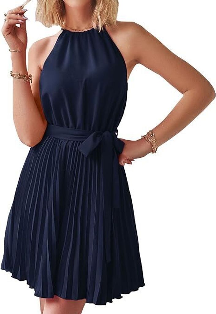 Damen Sommerkleider mit Neckholder, Ärmelloses Strandkleid mit Gürtel, Plissiert, A-Linie, Cocktailparty Minikleid