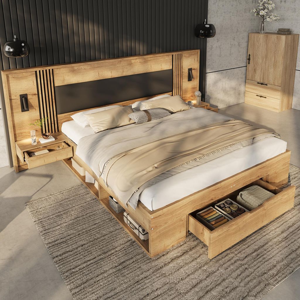 Zerbaco Doppelbett 160x200 cm, Stauraumbett, Holzbett mit Leselampe, zwei Nachttischen und Schubladen, Natur