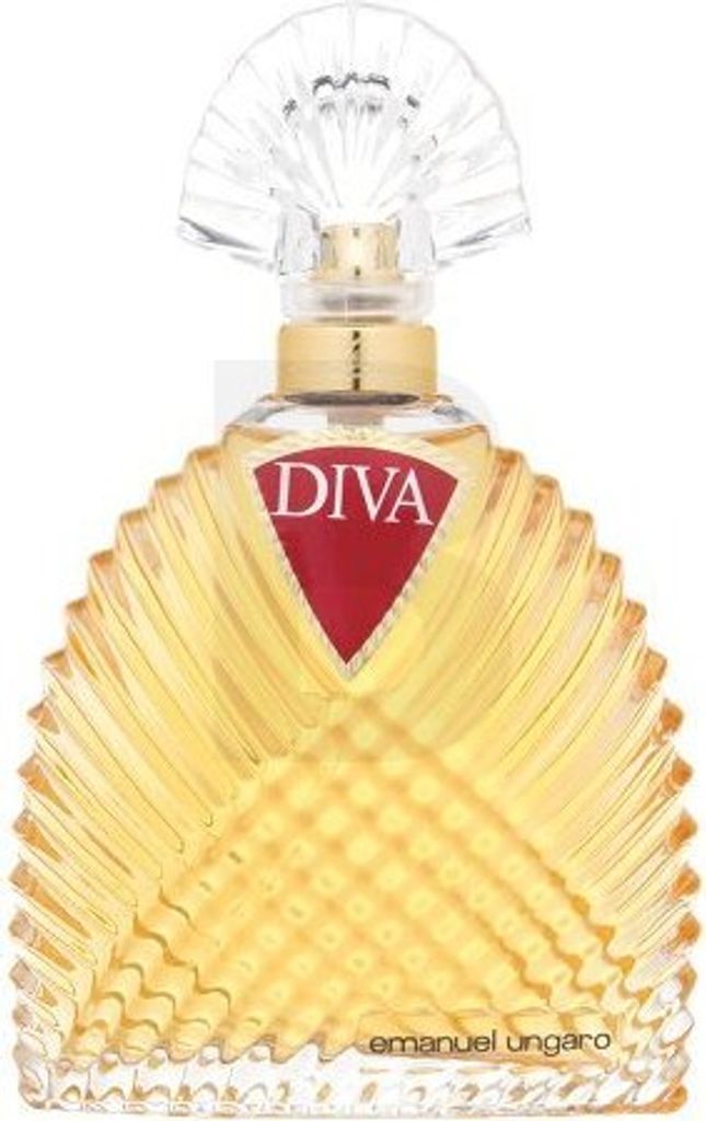 A perfume bottle with a decorative cap and a red label.
