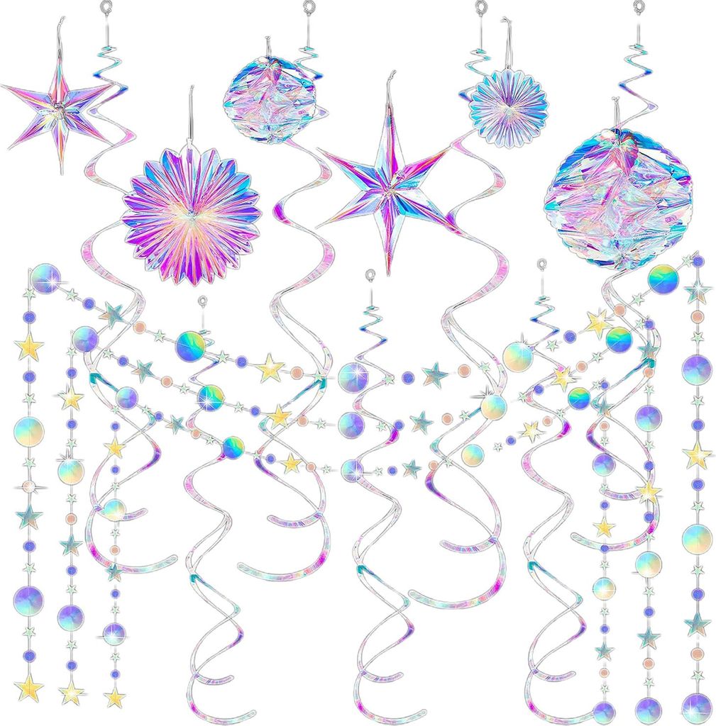 29 Stück schillernde Partydekorationen, holografischer Folienfächer, glänzender Stern, Wabenball, hängende Wirbel, Dekoration für Babyparty, M...