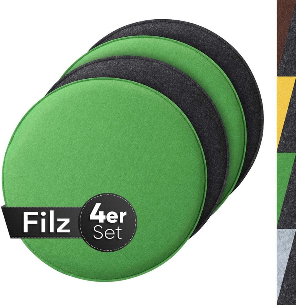 Gemütliches rundes Sitzkissen aus Filz, Ø 36cm, 4er Set, grün