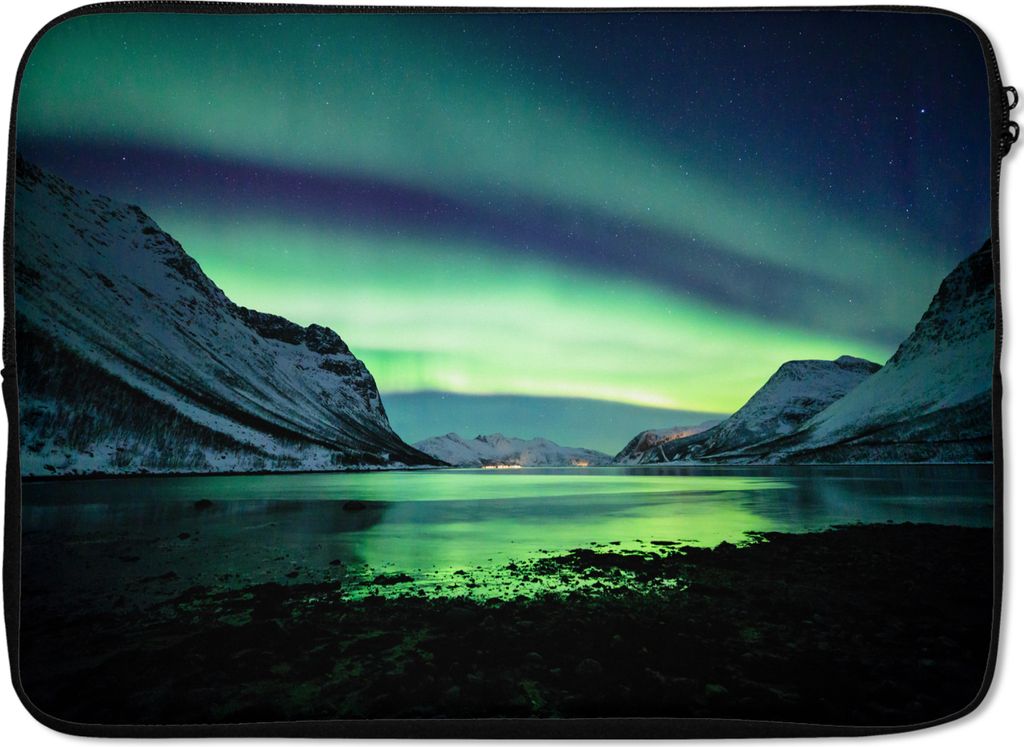 MuchoWow Laptop Hülle 14 ZollNordlicht - Norwegen - Eis - Gelb - Berg - Wasser - Schnee Laptoptasche - Laptoptasche - Stoßsicher - Schutzhaube