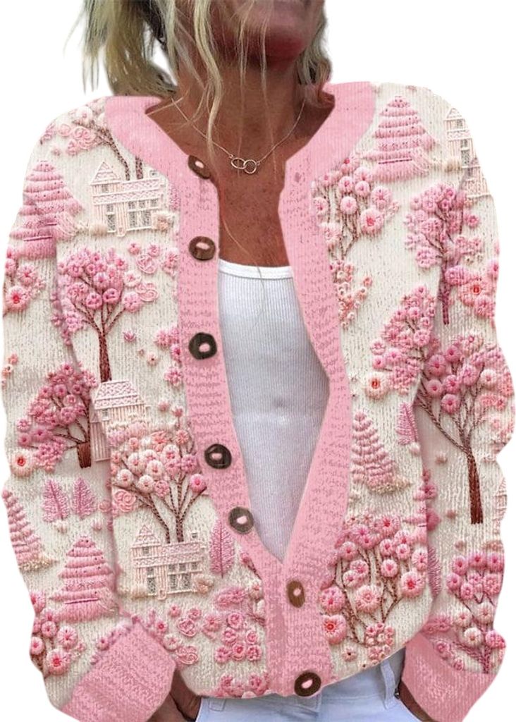 ASKSA Damen Weihnachts Strickjacke Weihnachtsjacke Weihnachten Cardigan Reindeer Weihnachtsmann Weihnachtspullover Sweat,C-Hellrosa,L