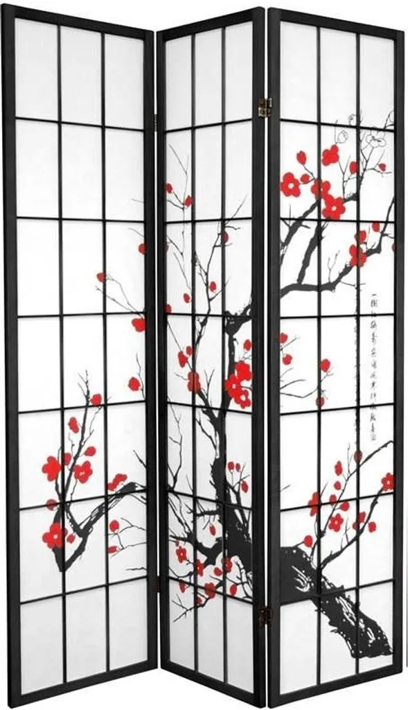 Fine Asianliving Paravent Japonais Noir Shoji 3 Volets Fleurs de Cerisier