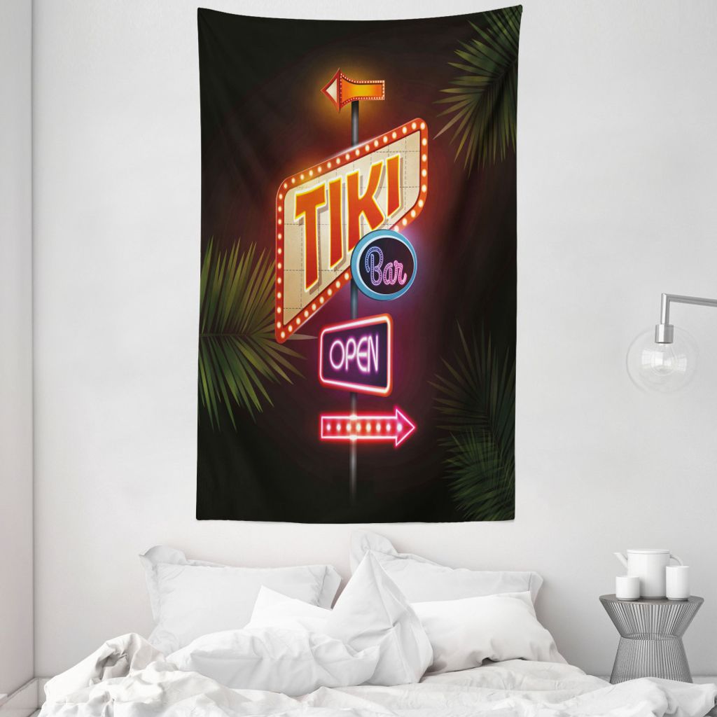 ABAKUHAUS Tiki Bar Wandteppich und Tagesdecke, Neon Sign Design aus Weiches Mikrofaser Stoff Waschbar ohne Verblassen Digitaldruck, 140 x 230 cm, M...