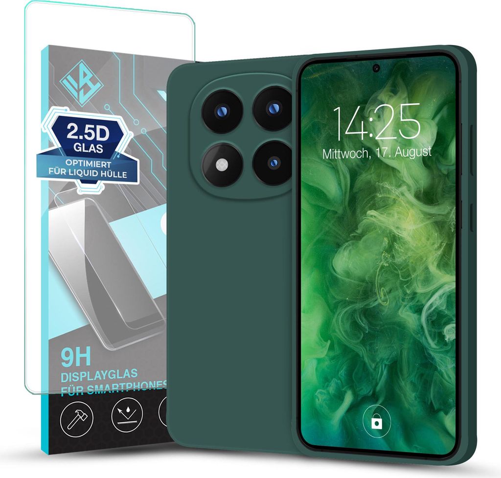 A smartphone case and screen protector are displayed next to a smartphone.