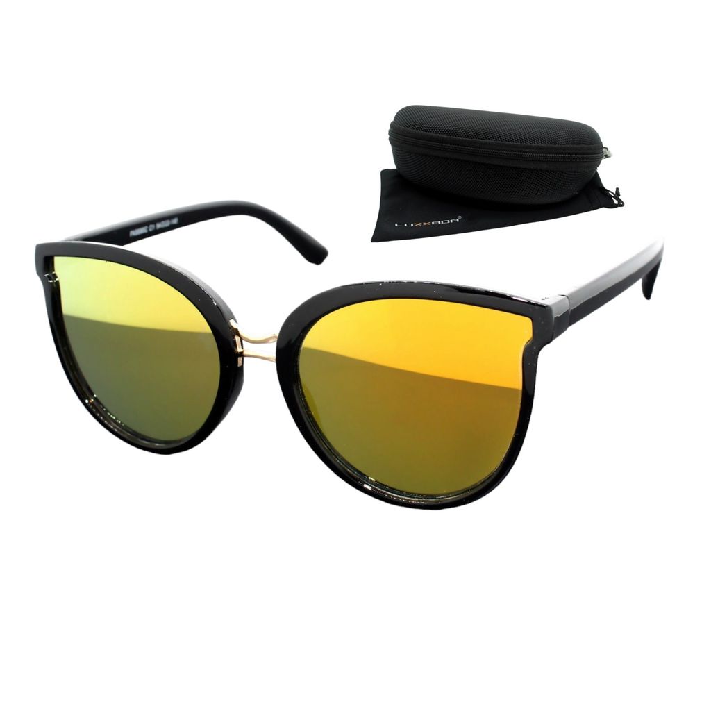 Hochwertige Katzenaugen Sonnenbrille Gelb Verspiegelt Groß Modern Schwarz Gold Damen Cateye Brille mit Hardcase