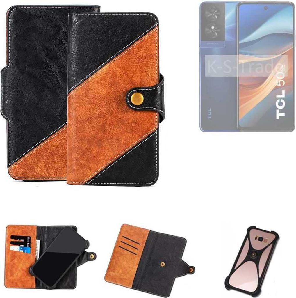 K-S-Trade Handyhülle Schutzhülle Bookstyle Case Wallet-Case kompatibel mit TCL 50 SE Handy Cover Bumper Klapphülle schwarz hellbraun 1x