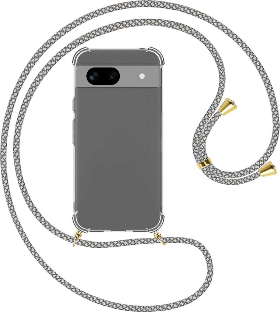 Handykette Backcover-Schutzhülle mit Band (Metall goldfarben) für Google Pixel 8A (6.1'') - weiß/grau kariert
