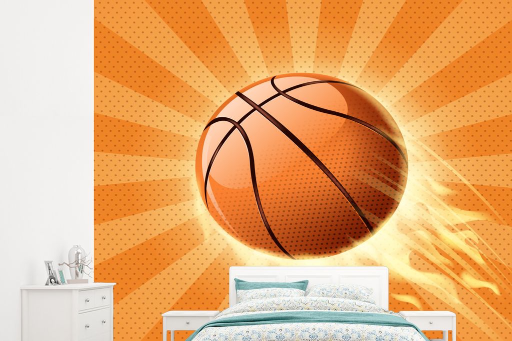 MuchoWow Fototapete für Wohnzimmer oder Schlafzimmer Wandtapete Vinyl Motivtapete Eine orangefarbene Illustration eines Basketballs, der Geschwi...
