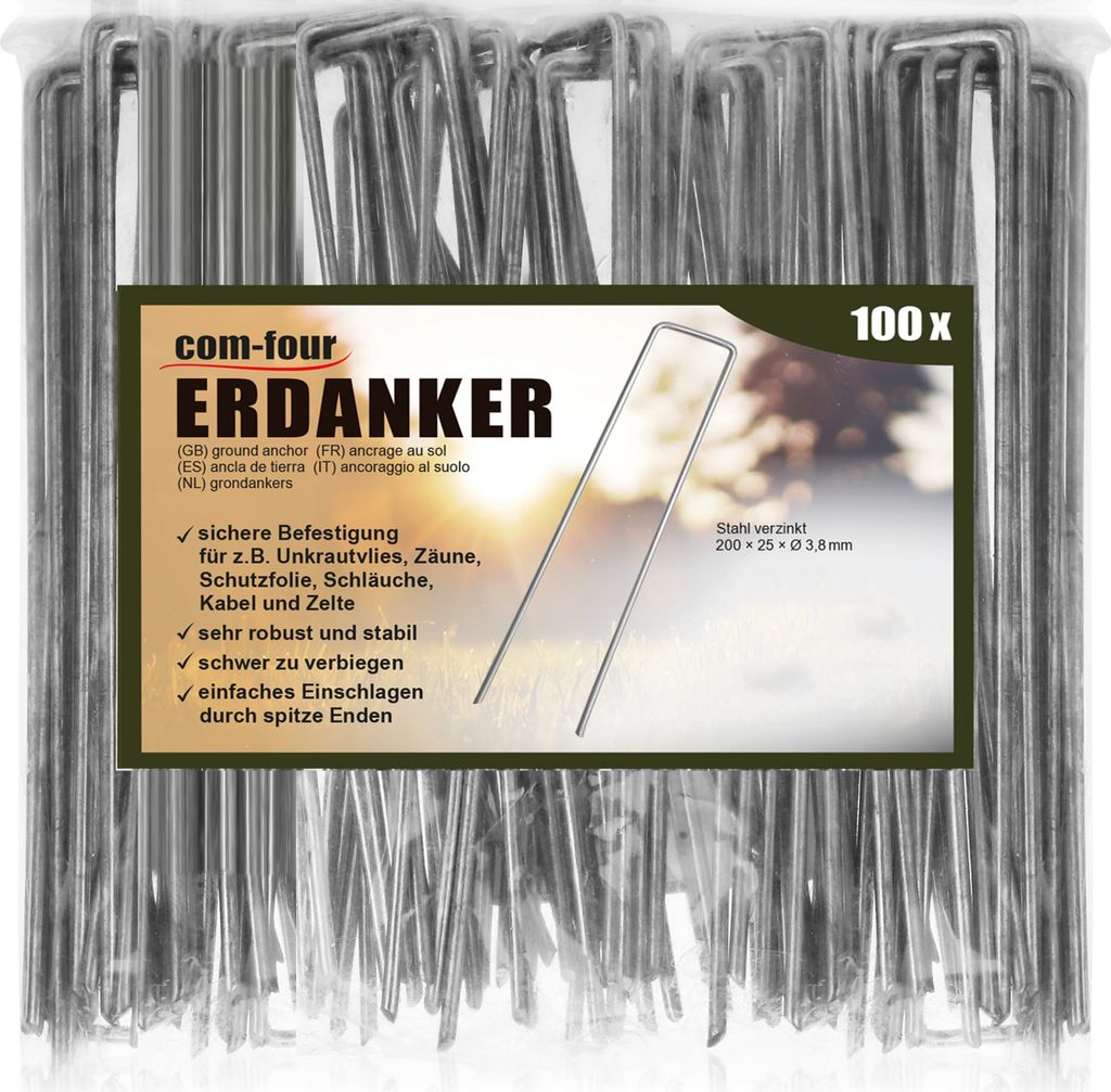 com-four 100x Erdanker 200x25x3,8mm aus beschichtetem Stahl - robuste Erdnägel zur Befestigung von Unkrautvlies und Folien - Bodenanker für Gar...