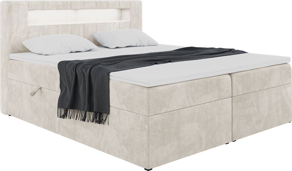 MEBLINI Boxspringbett mit Bettkasten - Bett mit LED Kopfteil - Gepolstert Doppelbett mit Matratze und Topper - Polsterbett mit Stauraum - Stauraumb...