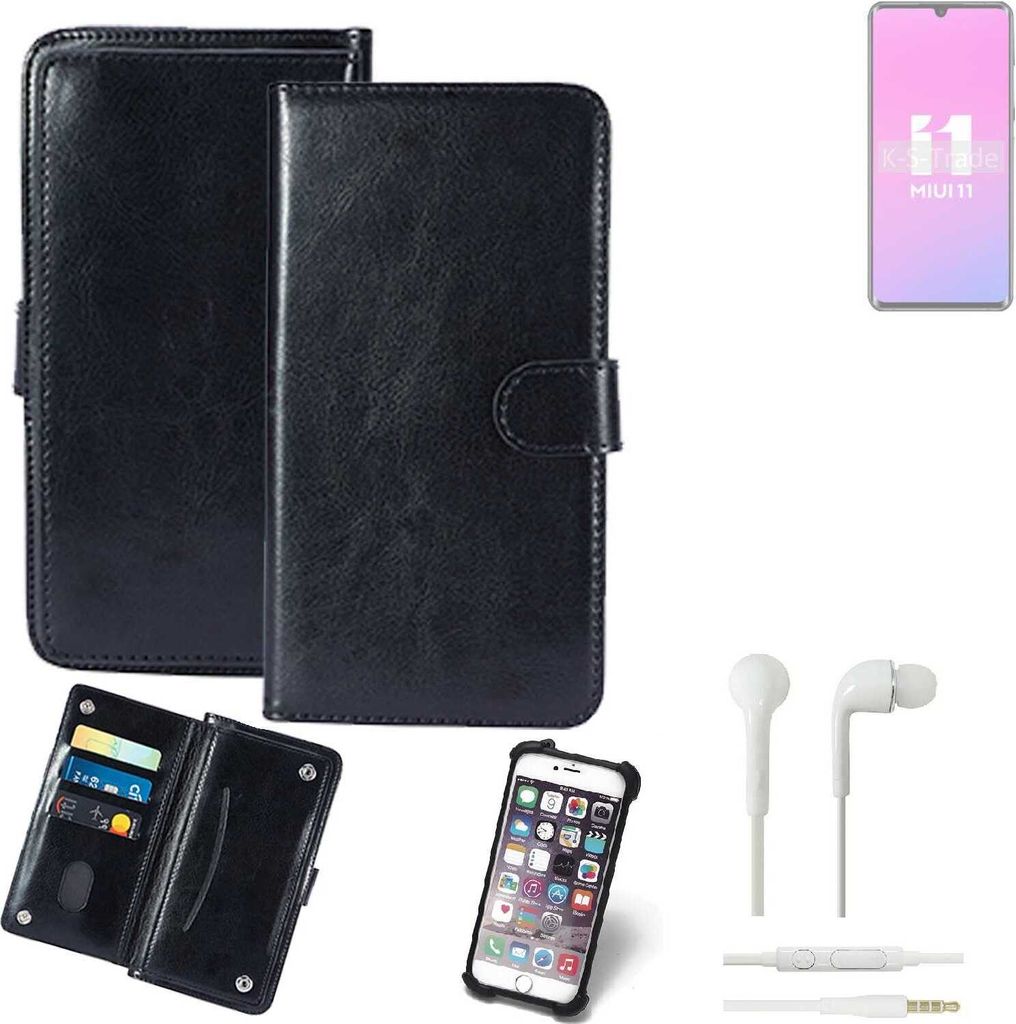K-S-Trade 360° Hülle kompatibel mit Xiaomi Mi Note 10 Pro inkl. Headphones schwarz Kunstleder Case BookCase WalletCase Kunstlederederhülle