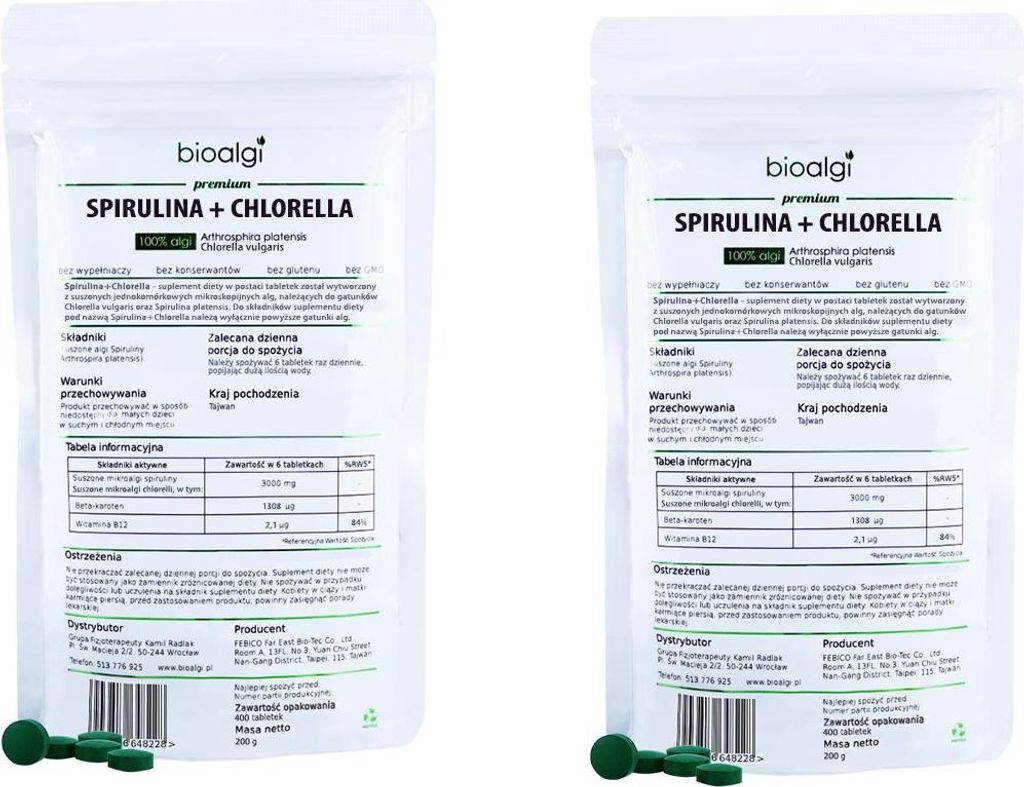 Natürliche Bioalgen Spirulina + Chlorella - Vitalität 400 Tabletten