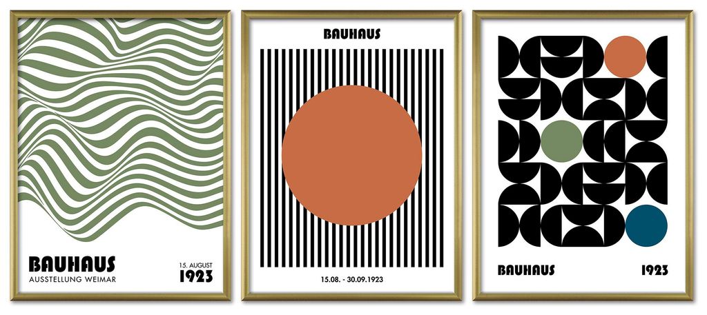ARTFAVES Poster Set - Bauhaus Geometrie 2 I mehrteilige Bilderwand für Wohnzimmer, Schlafzimmer I Wandbilder Bauhaus I mit Rahmen Gold
