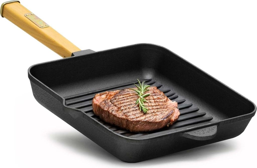 Ø28cm Steakpfanne aus Gusseisen mit Holzgriff Grillpfanne Produktbild 