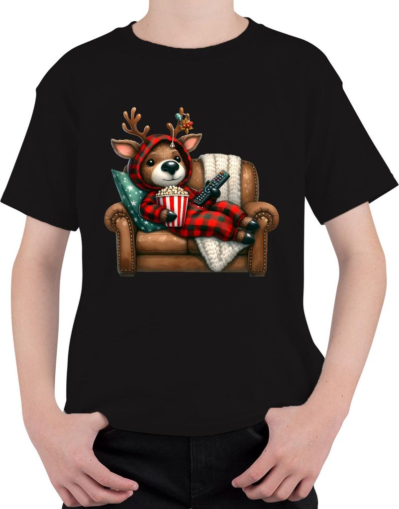 Weihnachtsrentier Kuschelig Popcorn Sofa Filmabend Geschenk Uni Kinder T-Shirt, Schwarz, 128
