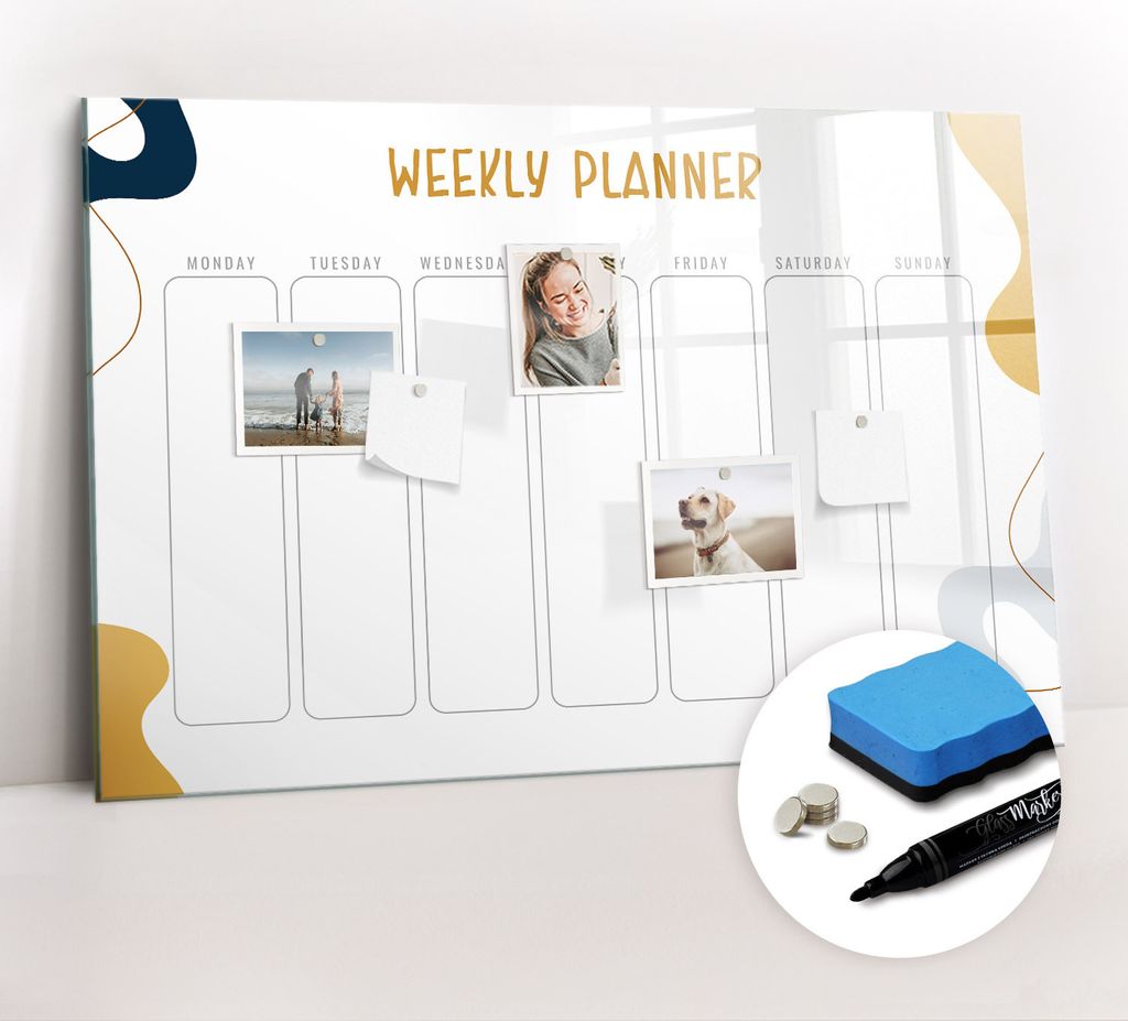 Magnetpinnwand Memoboard - Zubehörsatz - Schwarzer Marker + Schwamm + Magnete - 90 x 60 cm - Wochenplaner