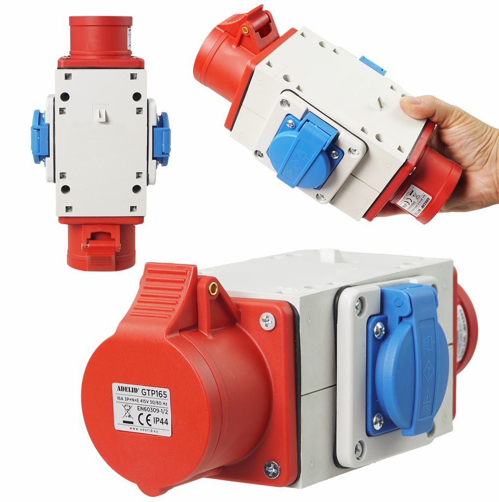 Adapter Stromverteiler Kraftstrom Baustrom Verteiler CEE 16A auf 1x 16A 5P 400V und 2x Schuko 230V