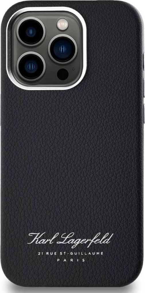A black leather phone case with the Karl Lagerfeld logo and address printed on it.