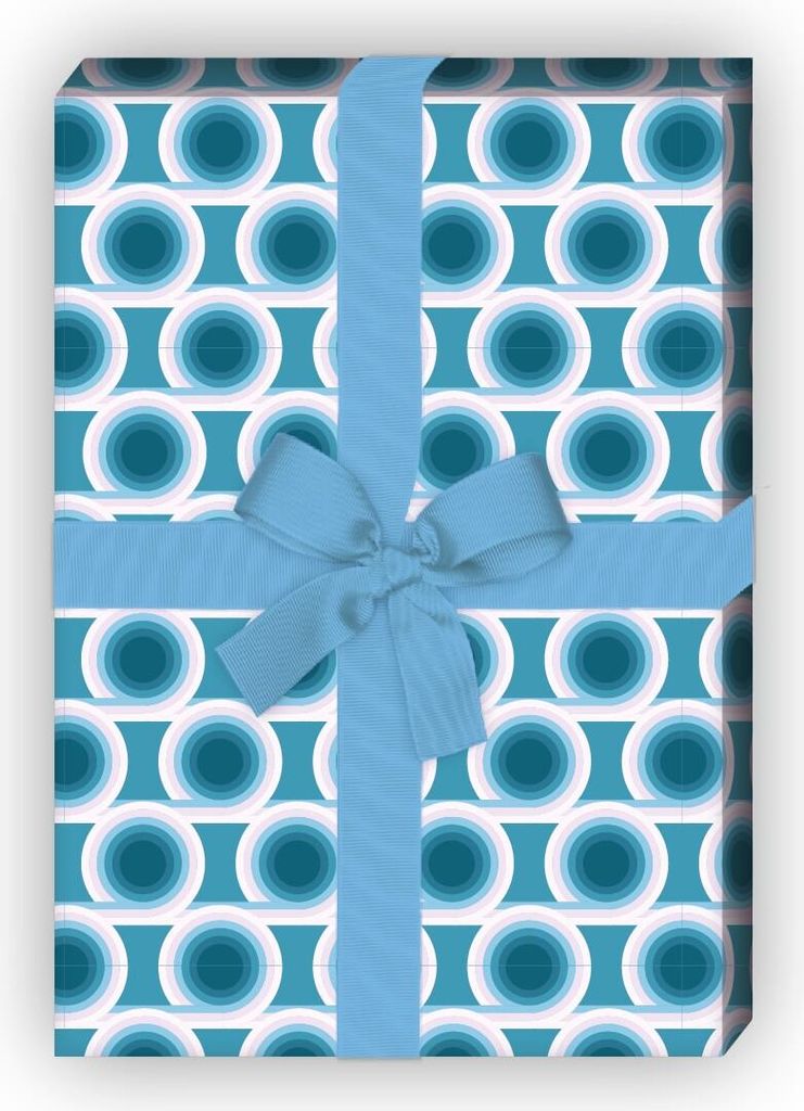 Vintage Geschenkpapier Set mit 70er Jahre Retro Kreise, blau - G8509, 32 x 48cm
