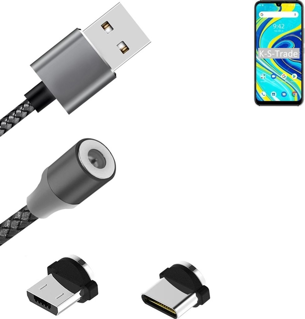 K-S-Trade Hochwertiges Magnet-Lade-kabel Sync-Kabel Daten-Kabel für UMIDIGI A7 Pro mit USB-Typ-C-Anschluss und Micro-USB-Anschluss 2A bis zu 480mbps
