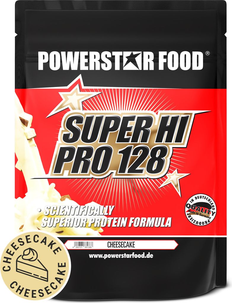 Powerstar SUPER HI PRO 128 | Mehrkomponenten Protein-Pulver 1kg | Höchste Biologische Wertigkeit | Protein-Shake zum Muskelaufbau | Cheesecake