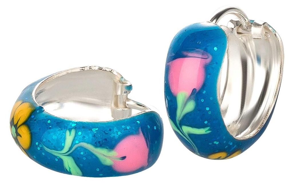 Ohrringe Creolen 925 Silber Kinder Mädchen Damen echt blau bunte Blume