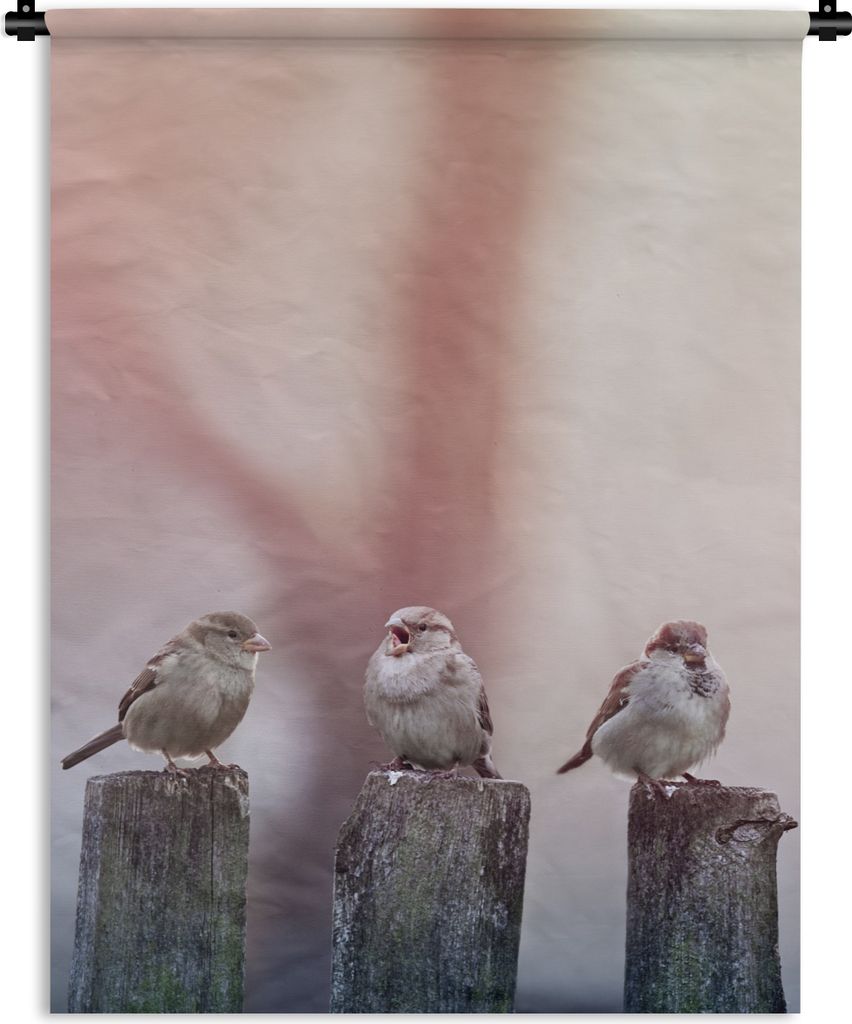 MuchoWow Wandteppich Wandbehang Vögel - Spatzen - Pfähle - Holz 150x200 cm Tapisserie Dekoration Wandtuch - Wandaufhängung - Moderner