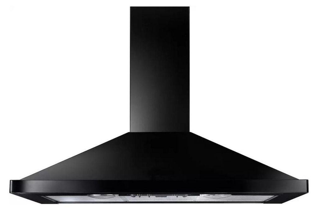 A black range hood against a white background.