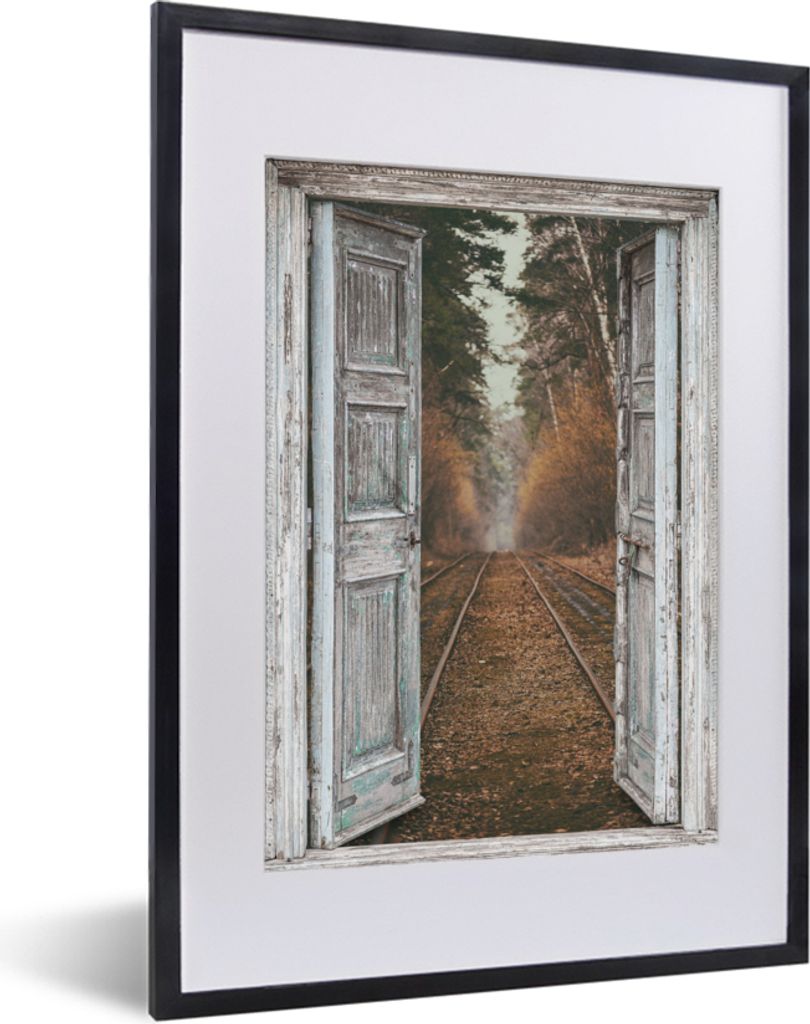 MuchoWow Gerahmtes Poster Eisenbahnschienen - Herbst - Aussicht - Wald 30x40 cm - Poster mit Schwarzem Bilderrahmen Wandposter Rahmen Foto Bilder...