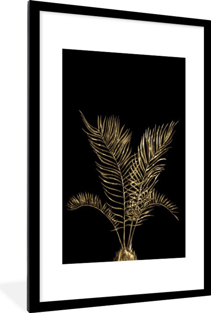 MuchoWow MuchoWow Gerahmtes Poster Blätter - Schwarz - Gold 60x90 cm - Poster mit zchwarzem Bilderrahmen - Dekoration - Wandposter Wohnzimmer ...