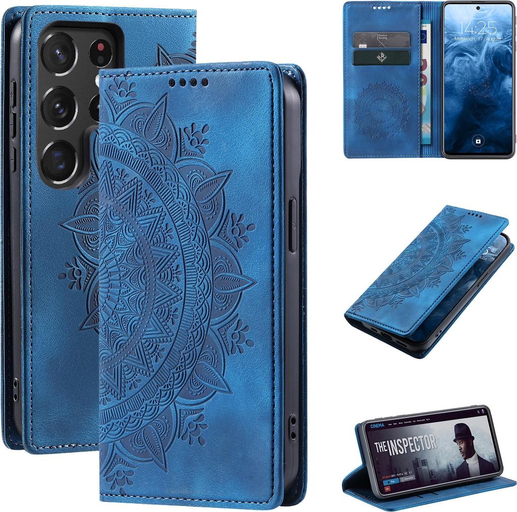 Mandala Handyhülle für Samsung Galaxy S22 Ultra RFID Schutz Klapphülle Case Cover Design Schutzhülle Farbe: Blau
