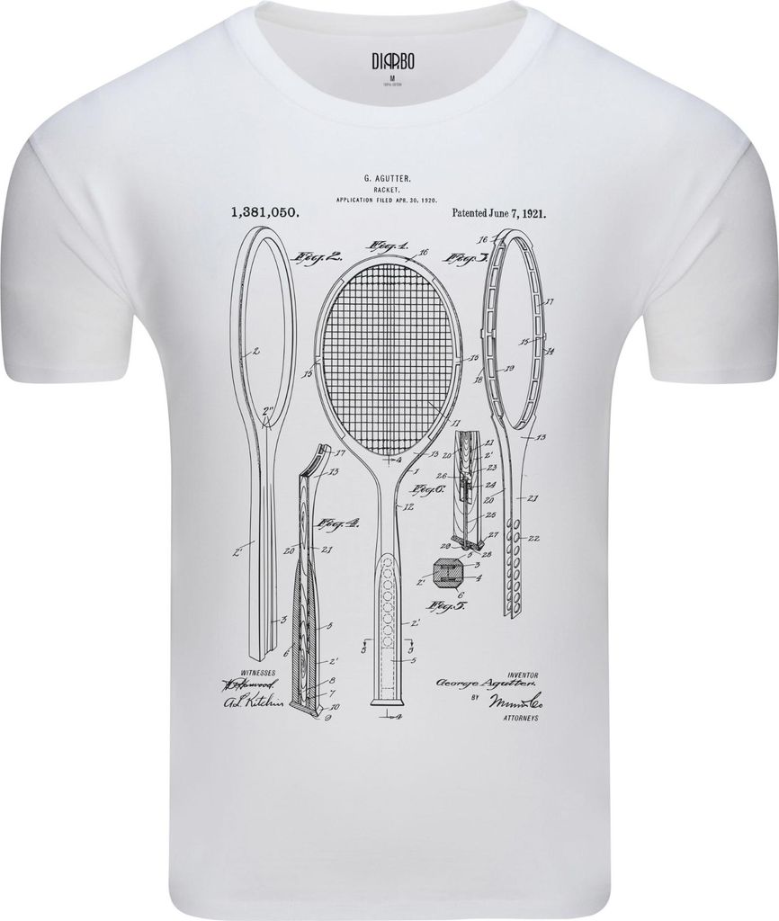 Diarbo Herren T-Shirt mit Sport Druck Patent-Tennisschläger Weiß Gr.S