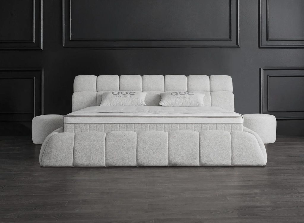 Boxspringbett Claudi 180 x 200 cm mit 2 Poof Cremebeige Voll-orthopädisches Komfortbett mit Bettkasten, inkl. Lieferung und Montage