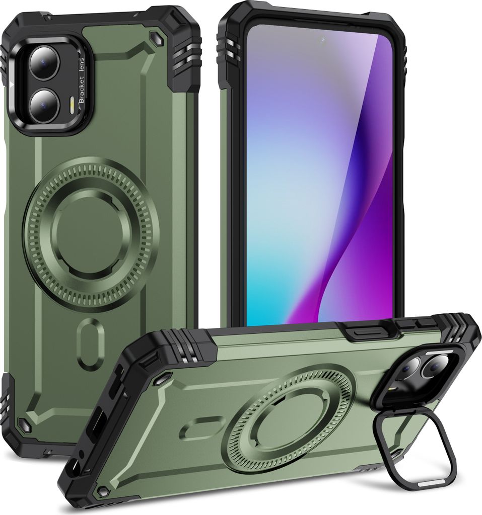 Magnetisch Hülle für Motorola Moto G (2023) 5G, Heavy Duty Militärischer Stoßfest Handyhülle Kamera-Ringständer Grün