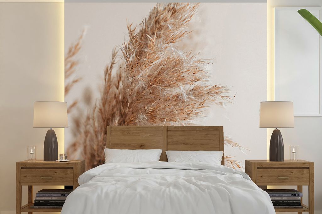 MuchoWow Fototapete für Wohnzimmer oder Schlafzimmer Wandtapete Vinyl Motivtapete Gras - Pflanzen - Natur - Pampasgras - 220x220 cm - Tapeten