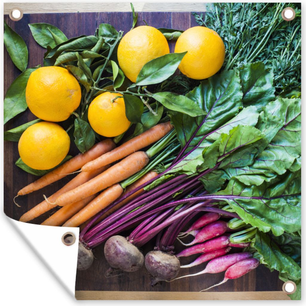 MuchoWow 50x50 cm Outdoor-Poster Gartendeko Sichtschutz Garten Poster für den Garten Gemüse - Obst - Holzkiste