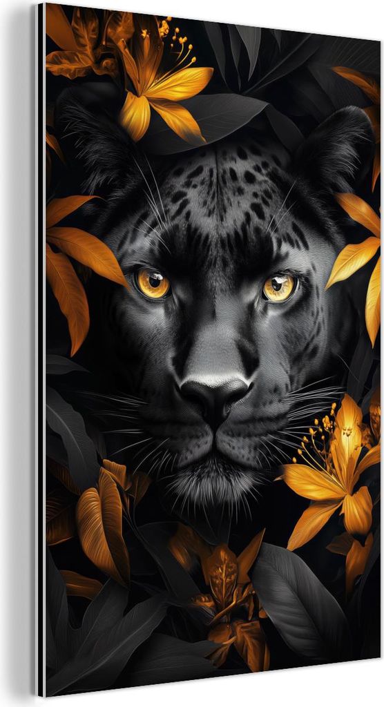 MuchoWow Wanddekoration Metall Metallbild Wandkunst 100x150 cm Schwarzer Panther - Blumen - Gold - Natur - Feline MuchoWow Aluminium Gemälde - Bild