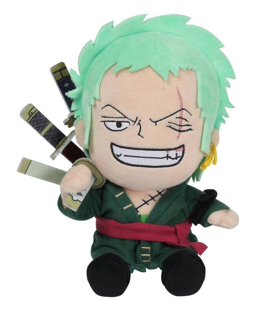 A plush toy of the anime character Roronoa Zoro from One Piece.