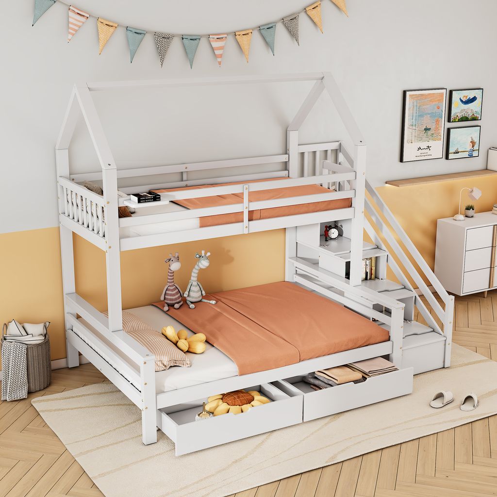 MODFU Etagenbett 90x200/140x200 ohne Matratze,Kinderbett Jugendbett mit Sicherheitsgeländer und Treppenschrank mit 2 Schubladen,Bettgestell mit 2 ...