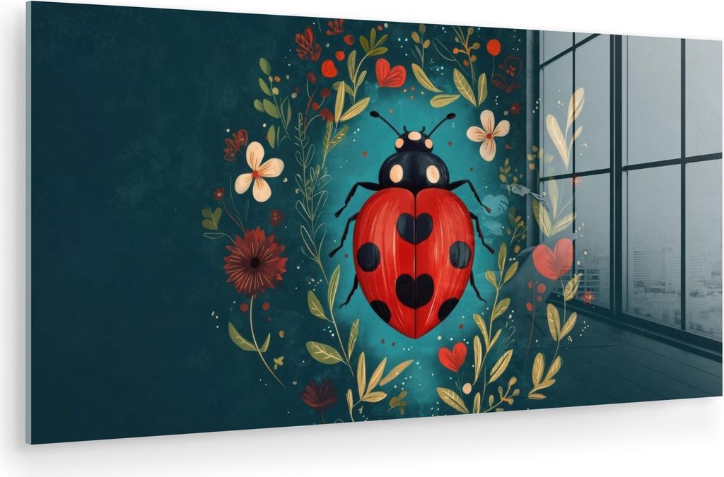 MuchoWow Glasbilder - Bilder auf Wandbild - Foto auf Glas Blumen - Marienkäfer - Herz - Rot 120x60 cm Wanddekoration aus Glas - Acrylglasbild - Ac...