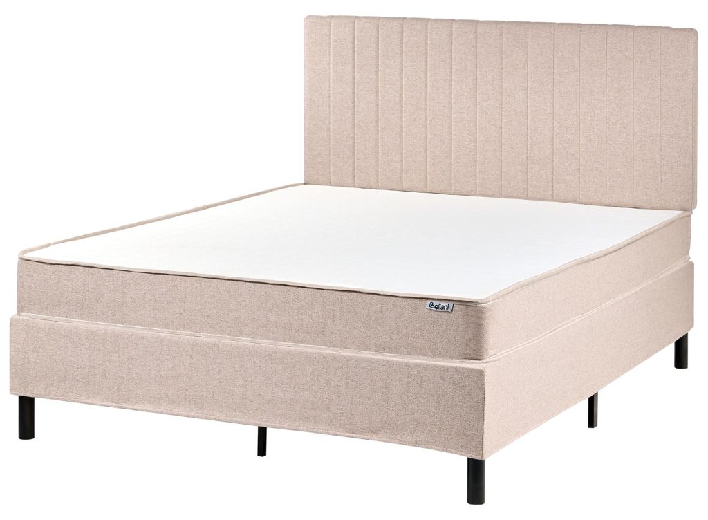 BELIANI Bett Beige Stoff 140 x 200 cm mit Taschenfederkernmatratze Metallrost Kopfteil Modernes Design Boxspringbett Polsterbett für Schlafzimmer