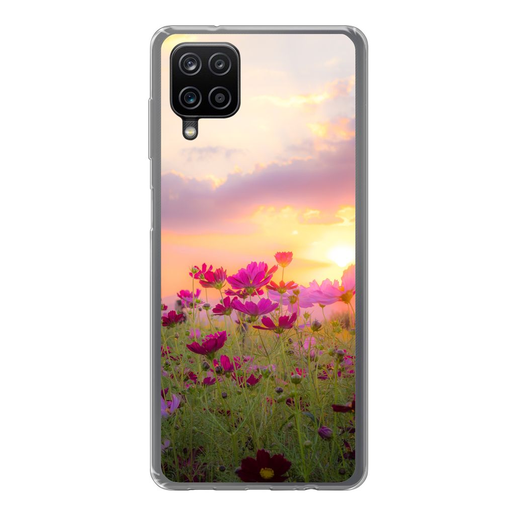MuchoWow Handyhülle Schutzhülle Hülle für Samsung Galaxy A12 Sonnenuntergang - Blumen - Rosa - Natur - Grün Silikon Softcase Handy Hülle - ...