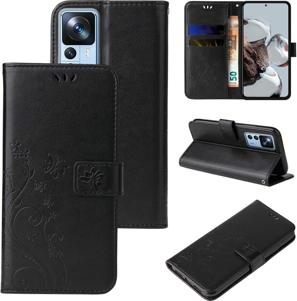Handyhülle für Xiaomi 12T / 12T Pro Floral Blumen Schmetterling Flip Cover Hülle Case Klapphülle Handytasche Farbe: Schwarz