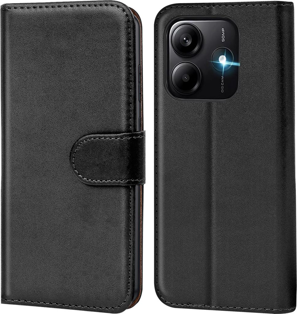 A black flip case for a smartphone is shown open, revealing the phone's camera module.