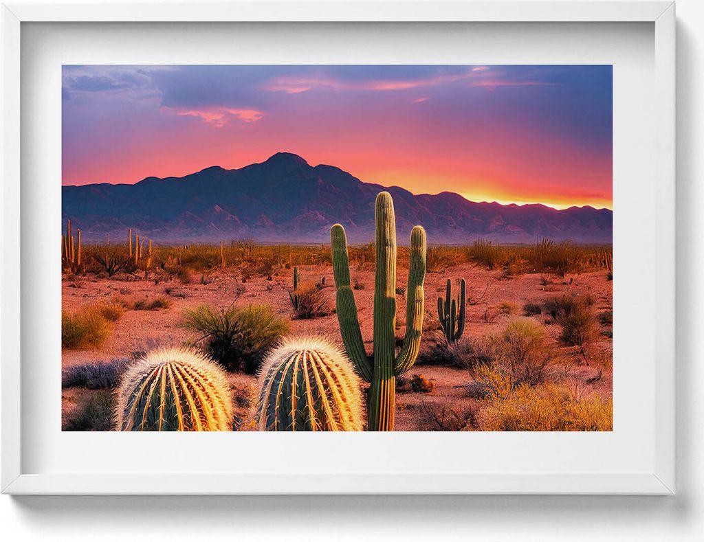 Sonnenuntergang in der Wüste– Wandbild mit Rahmen – Gerahmtes Bild – Wanddekoration – 70x50 cm – Weiß Rahmen