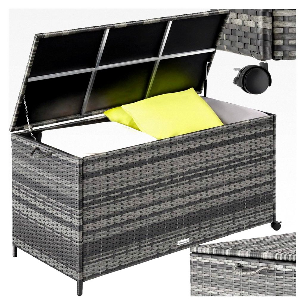 Poly Rattan Gartenbox wetterfest, Outdoor-Box mit Deckel, rollbar, Aufbewahrungsbox für Garten, Terrasse und Balkon, 117 x 54 x 64 cm, 297 l - grau