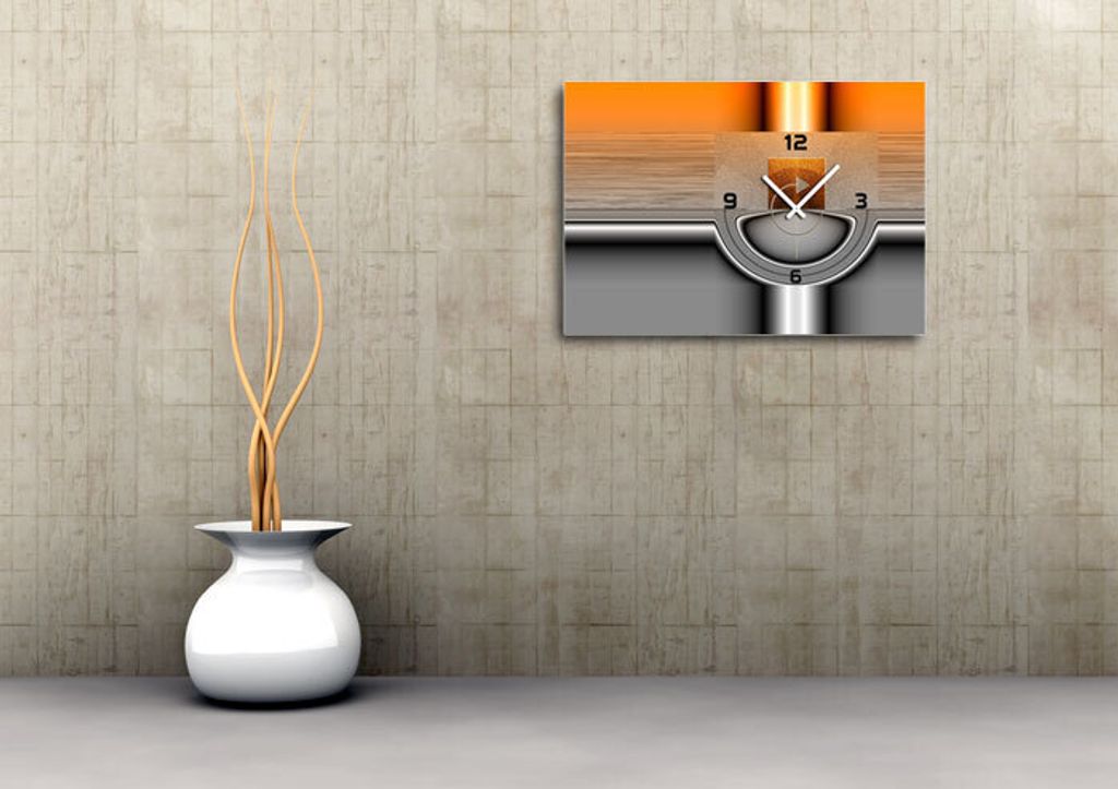 6100 "ORANGE HALF" Dixtime Designer Wanduhr, Wanduhren, stilvolle Luxusuhr, orange silber, 70cm x 100cm