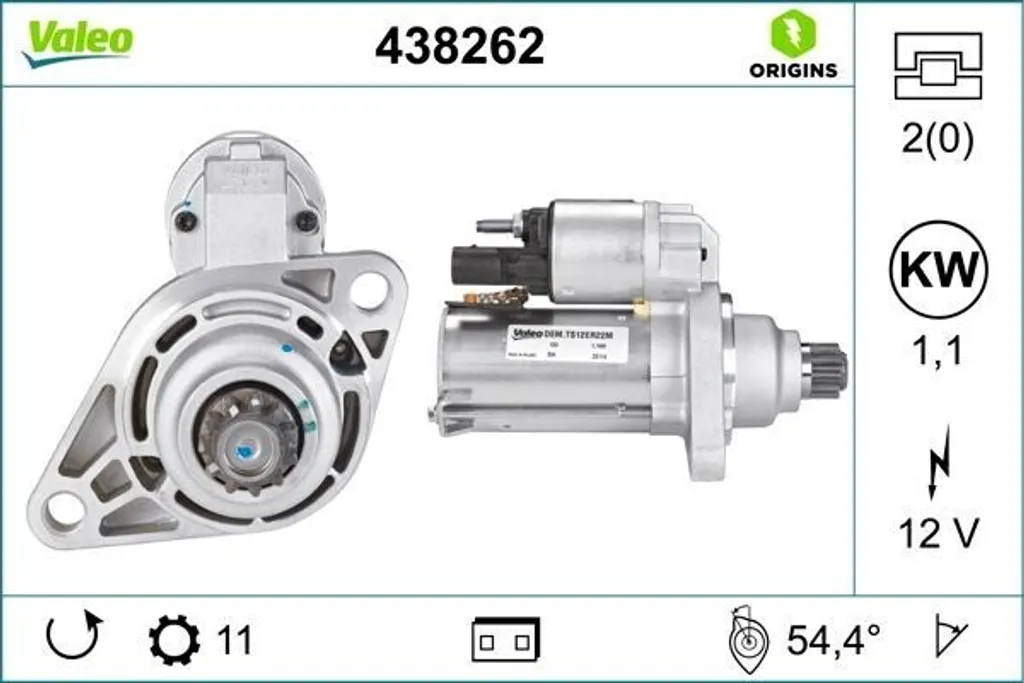 Anlasser Starter Valeo 438262 pour VW Polo, Passat et Skoda Octavia